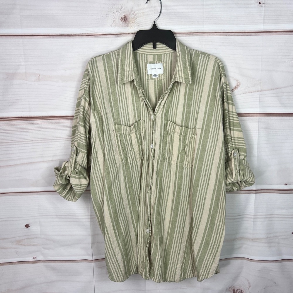 American‎ Eagle Top Womens Small Striped Linen Blend Button Up Shirt Tab Sleeve